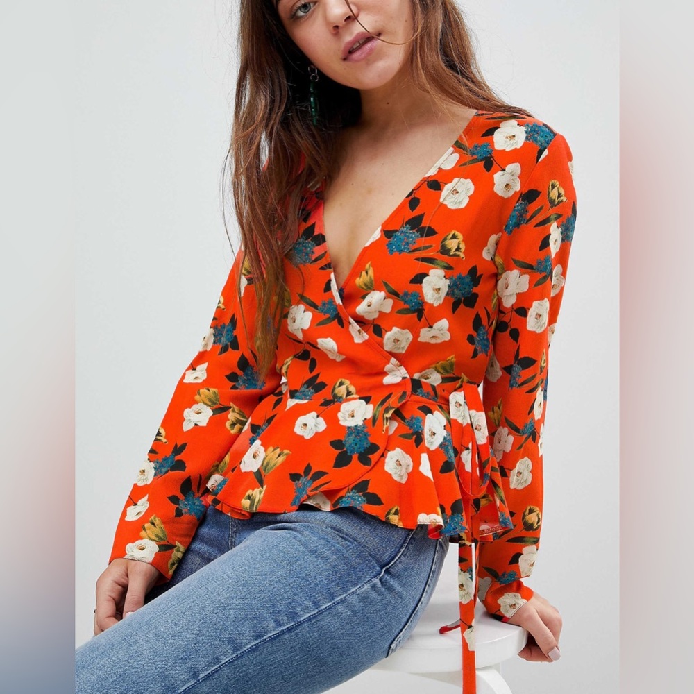ASOS Red Floral Wrap Long Sleeve V-neck Viscose Blouse Top Size 4